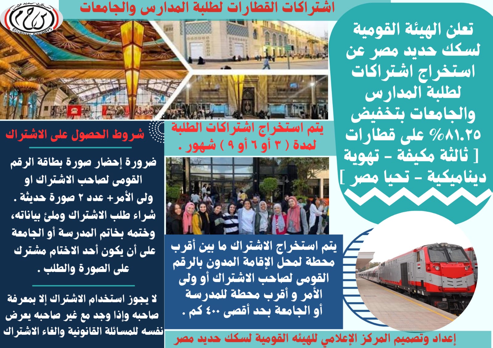 إنفوجراف عن اشتراكات طلاب المدارس والجامعات في السكك الحديدية